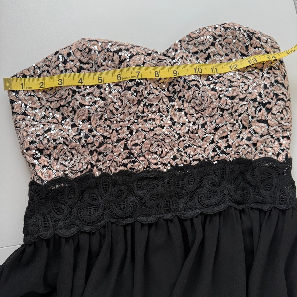 A. Byer Women Black Rose Gold Sequin Lace Chiffon Cocktail Party Dress Size 9 - Picture 9 of 10